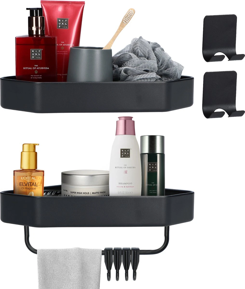 ACE Goods® Doucherek Zwart Hangend – Badkamerrek – Doucherek 2 Laags – Badkamerrekje Hoekrek Douche – Inclusief Haakjes 1 ACE Goods® Doucherek Zwart Hangend – Badkamerrek – Doucherek 2 Laags – Badkamerrekje Hoekrek Douche – Inclusief Haakjes