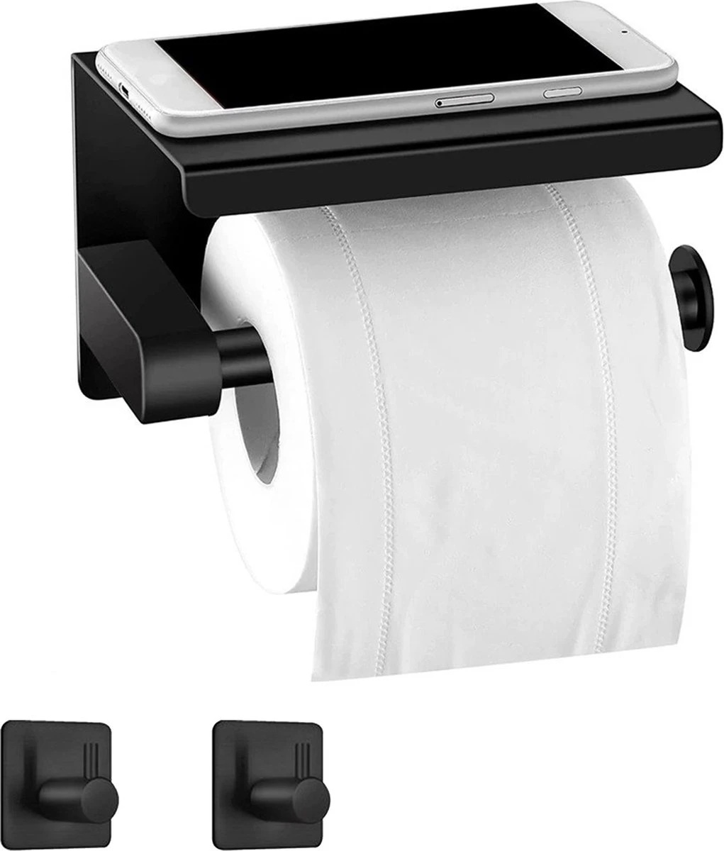 Toiletrolhouder Met Plankje - Zelfklevend Of Boren - WC Rolhouder - Incl. Handdoekhaakjes - Zwart 1 Toiletrolhouder Met Plankje - Zelfklevend Of Boren - WC Rolhouder - Incl. Handdoekhaakjes - Zwart