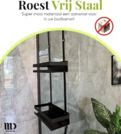 MD Creations ® – Doucherek Zonder Boren - Hangend Met Zuignappen Aan Douchewand – Douchebakje - Doucherek Haak - RVS - 74 X 25 X 10 Cm -Badkamerproducten 1087x1200