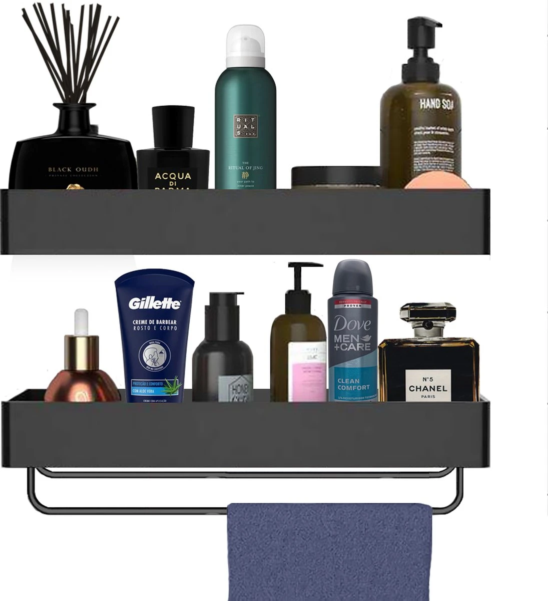 Goliving Doucherek Zonder Boren - Doucherekje- Badkamerrek 2 Laags - Hangend - Wandrek - RVS - Opbergrek - 40cm - Zwart 1 Goliving Doucherek Zonder Boren - Doucherekje- Badkamerrek 2 Laags - Hangend - Wandrek - RVS - Opbergrek - 40cm - Zwart