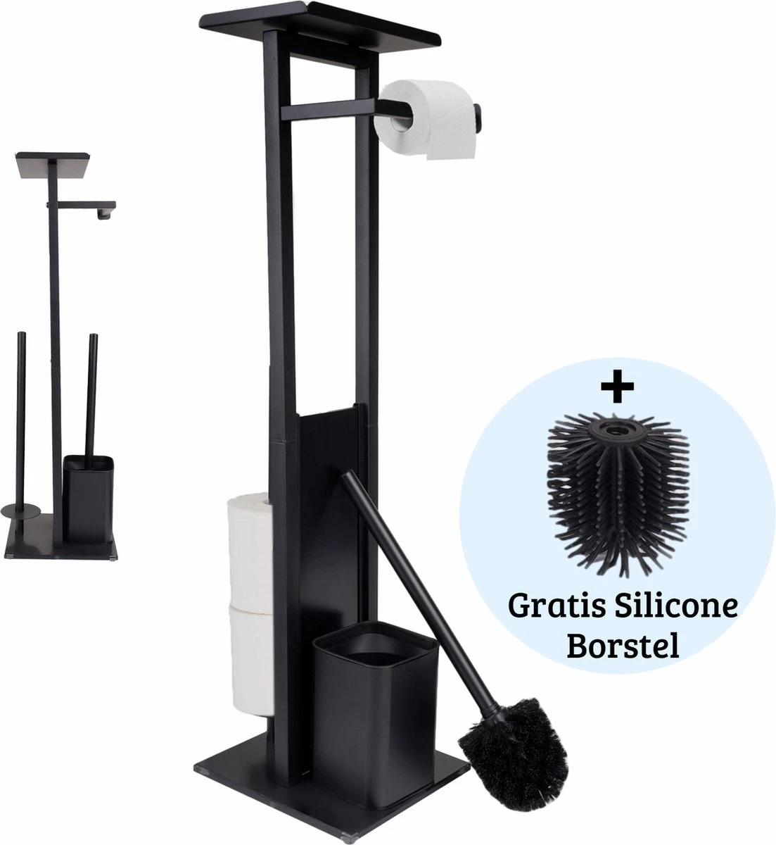 Mmoods Toiletbutler Zwart - WC Borstel Met Toiletrolhouder Vrijstaand - Toiletborstel Siliconen Industrieel Design Mmoods - Reserverolhouder Zonder Boren Staand Met Plankje RVS 1 Mmoods Toiletbutler Zwart - WC Borstel Met Toiletrolhouder Vrijstaand - Toiletborstel Siliconen Industrieel Design Mmoods - Reserverolhouder Zonder Boren Staand Met Plankje RVS