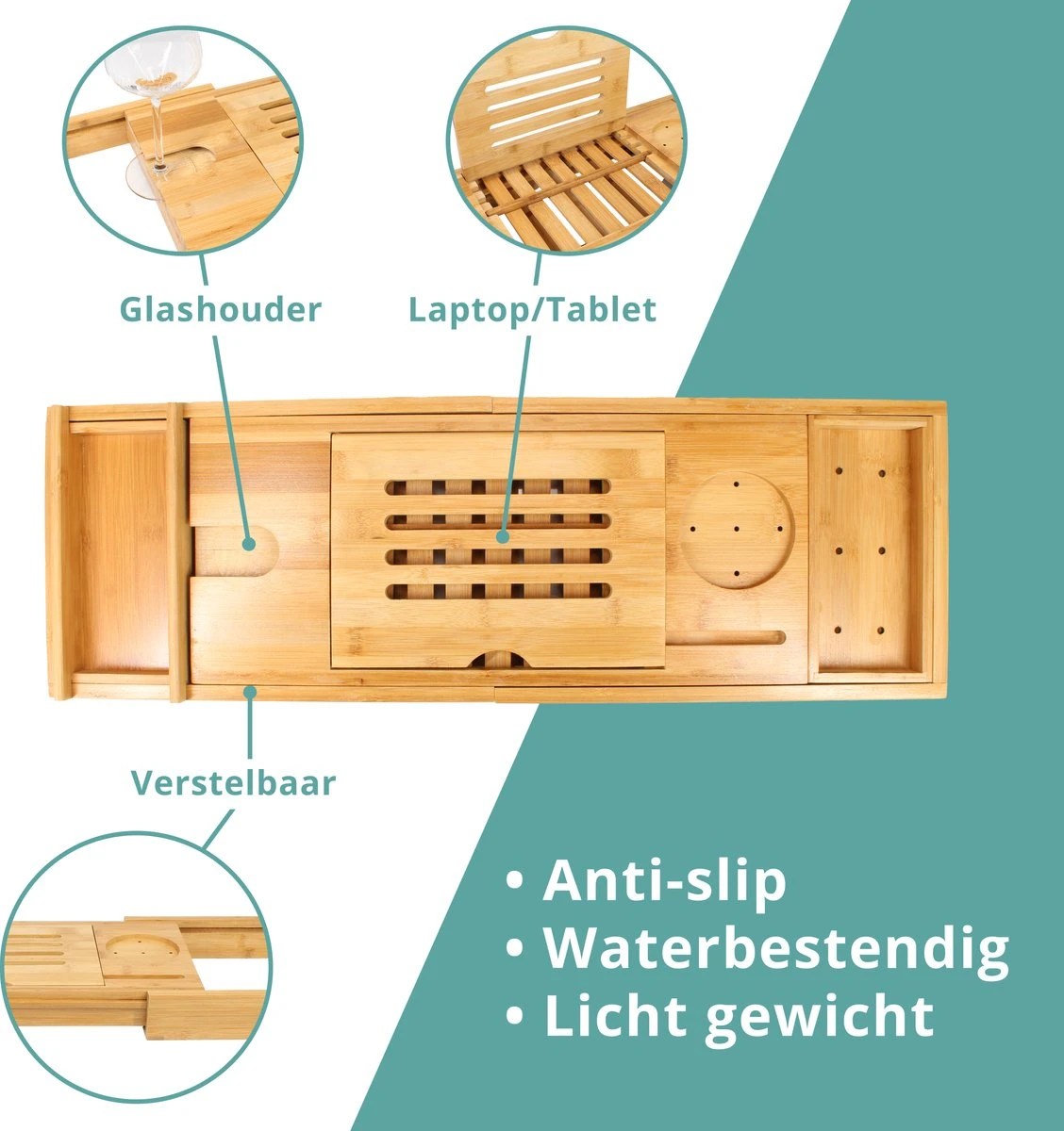 Regno Badplank Voor In Bad - Met Badkussen - Uitschuifbaar En Waterbestendig Badrek - IPad En Glashouder 8 Regno Badplank Voor In Bad - Met Badkussen - Uitschuifbaar En Waterbestendig Badrek - IPad En Glashouder - Afbeelding 8