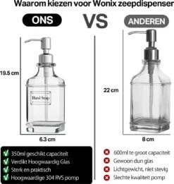 Wonix® - Zeepdispenser - Zeeppompje - Transparant Glas - RVS Pompkop - Met Stickers - 350ml - 2 Stuks -Badkamerproducten 1136x1200