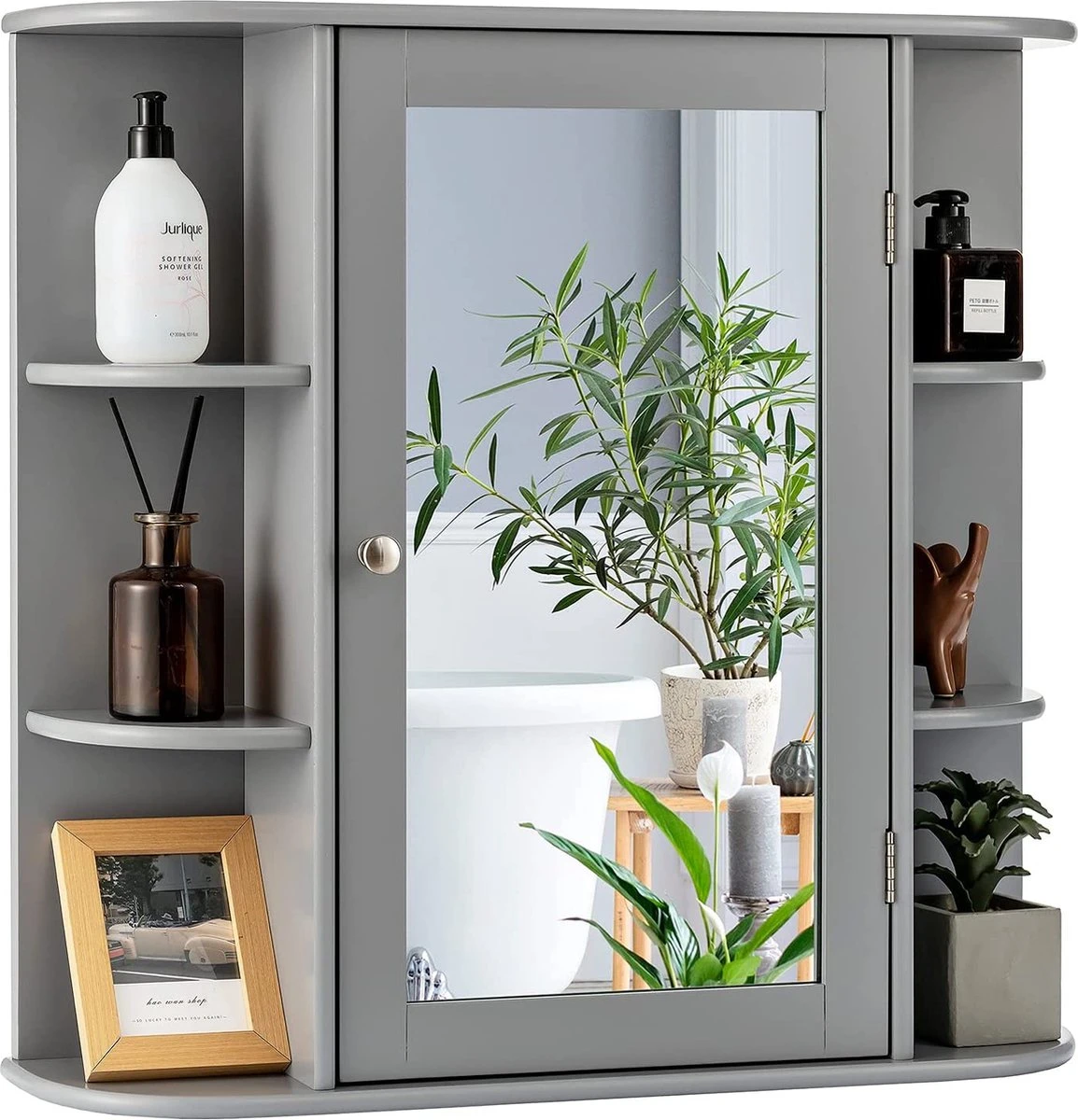 LUXGOODS Spiegelkast, Badkamerkast Met Spiegel, Aan De Muur Bevestigd Opbergkast, Houten Hangend Kast Met Verstelbare Planken & Open Compartimenten, Multifunctioneel Medicijnkastje Voor Badkamer, Woonkamer, Keuken, 66 X 63 X 16,5 Cm (Grijs) 1 LUXGOODS Spiegelkast, Badkamerkast Met Spiegel, Aan De Muur Bevestigd Opbergkast, Houten Hangend Kast Met Verstelbare Planken & Open Compartimenten, Multifunctioneel Medicijnkastje Voor Badkamer, Woonkamer, Keuken, 66 X 63 X 16,5 Cm (Grijs)