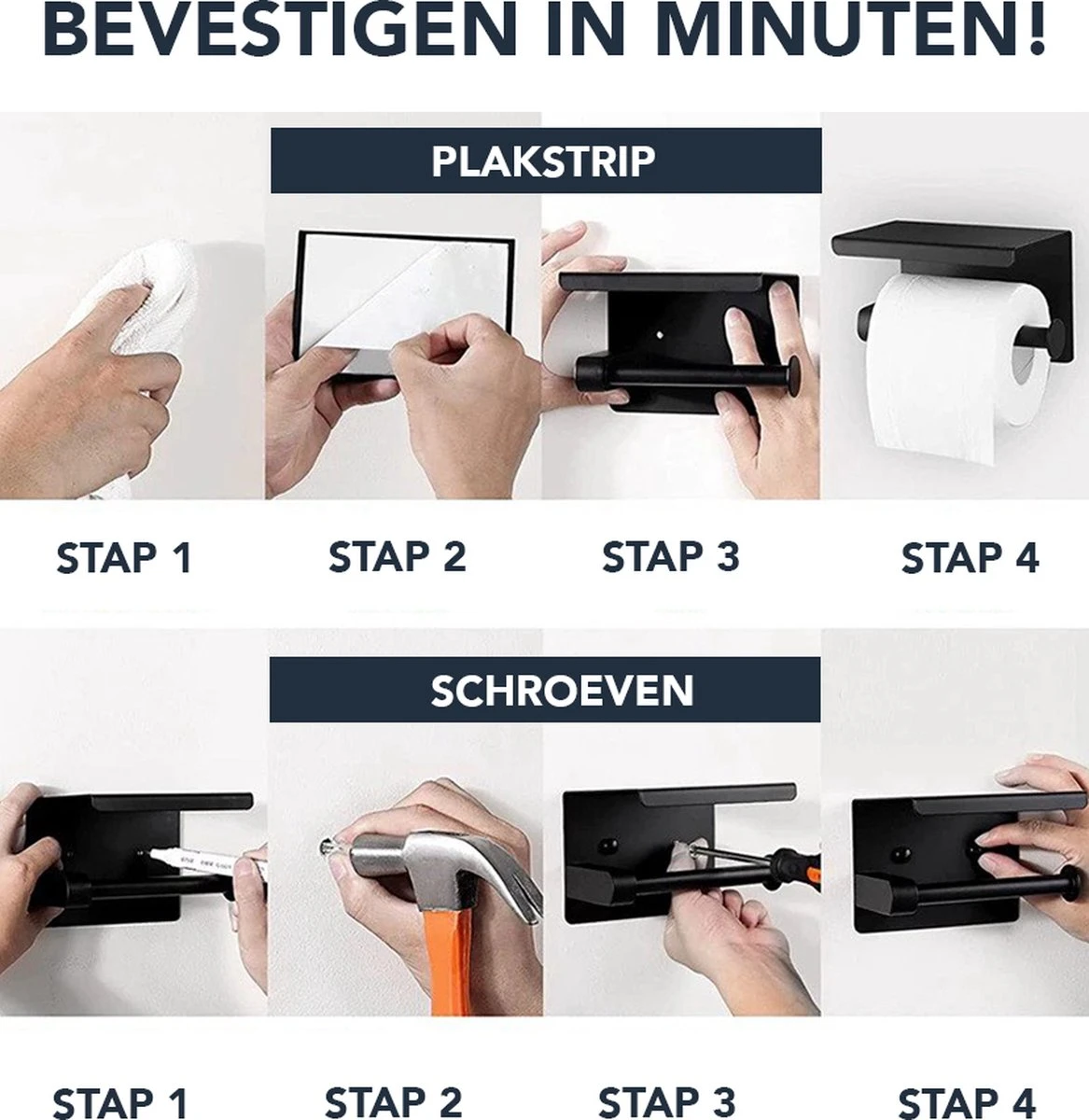 Toiletrolhouder Met Plankje - Zelfklevend Of Boren - WC Rolhouder - Incl. Handdoekhaakjes - Zwart 6 Toiletrolhouder Met Plankje - Zelfklevend Of Boren - WC Rolhouder - Incl. Handdoekhaakjes - Zwart - Afbeelding 6