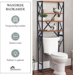 Homestic© - Ruimtebesparende Toiletmeubel - WC Plank, Badkamerplank Met 4 Open Vakken - Industrieel RVS Badkamermeubel - Zwart Staal / Hout - 170x54x24 CM -Badkamerproducten 1172x1200 6