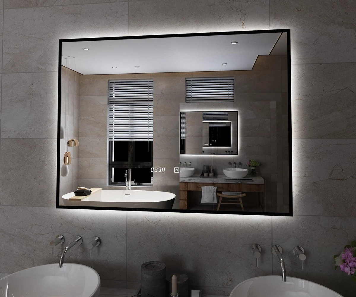 Viidako Badkamerspiegel Met LED Verlichting - Anti Condens - 3 LED Standen - Met Klok - Mat Zwart 5 Viidako Badkamerspiegel Met LED Verlichting - Anti Condens - 3 LED Standen - Met Klok - Mat Zwart - Afbeelding 5