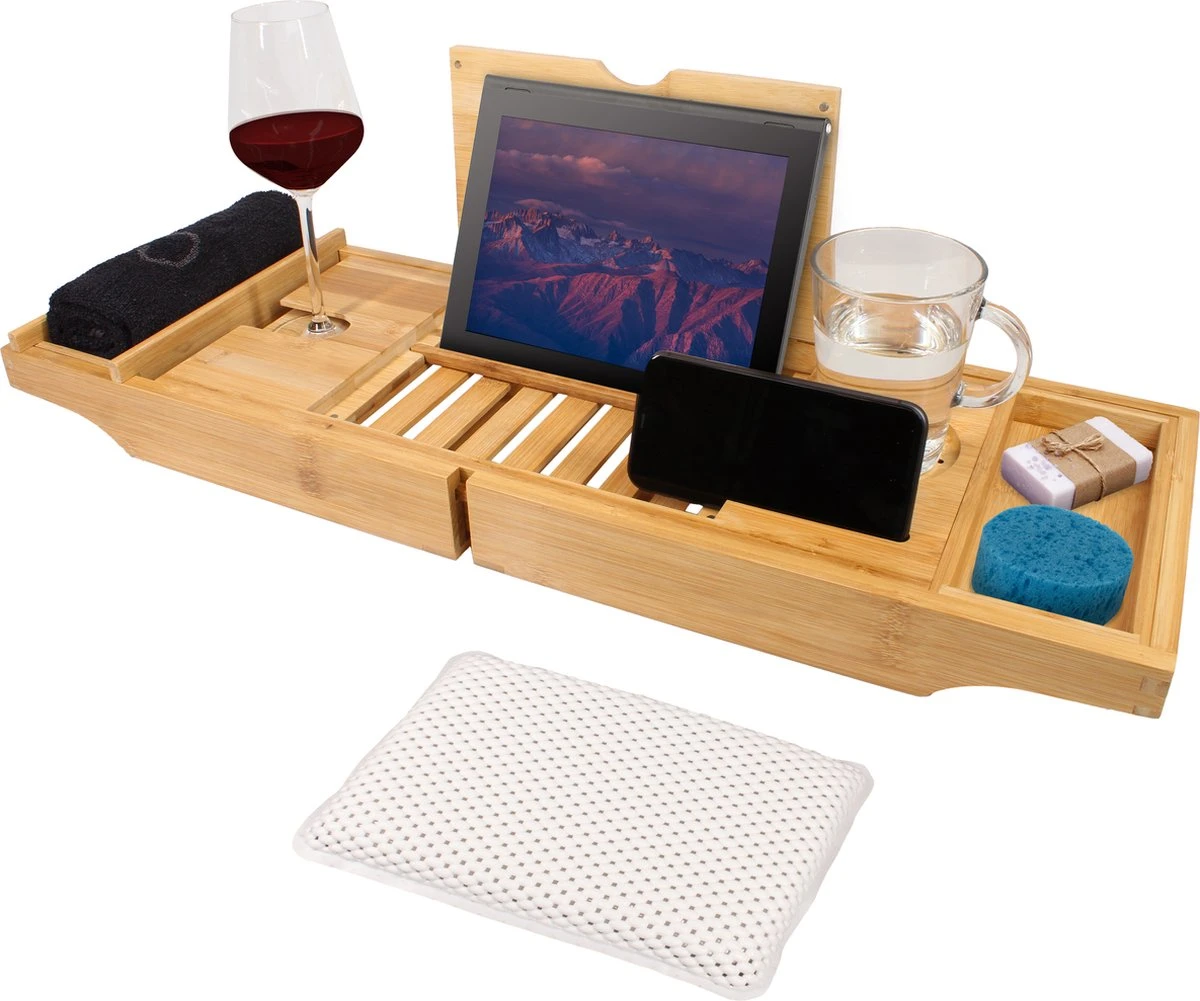 Regno Badplank Voor In Bad - Met Badkussen - Uitschuifbaar En Waterbestendig Badrek - IPad En Glashouder 1 Regno Badplank Voor In Bad - Met Badkussen - Uitschuifbaar En Waterbestendig Badrek - IPad En Glashouder