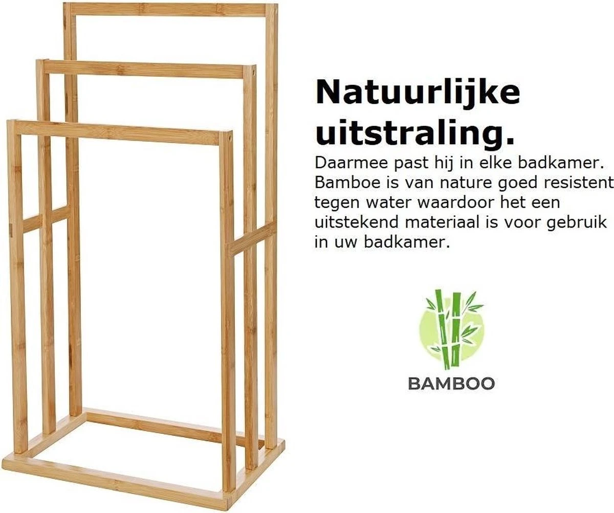 Merkloos Decopatent® Handdoekrek - Vrijstaand Handdoekenrek Voor In Badkamer - Handdoekrek - Bamboe Hout - Handdoek - Droogrek Met 3 Armen 3 Merkloos Decopatent® Handdoekrek - Vrijstaand Handdoekenrek Voor In Badkamer - Handdoekrek - Bamboe Hout - Handdoek - Droogrek Met 3 Armen - Afbeelding 3