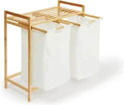 Lifa Bathing Bamboe Rek Met Wasmanden - Polyester En Bamboe - Uitschuifbare Opbermanden Met Deksel - Wassorteerbak 60 Liter - 2 Vakken - Voor Badkamer, Slaapkamer En Wasruimte - 73 X 64 X 33 Cm -Badkamerproducten 1200x1018