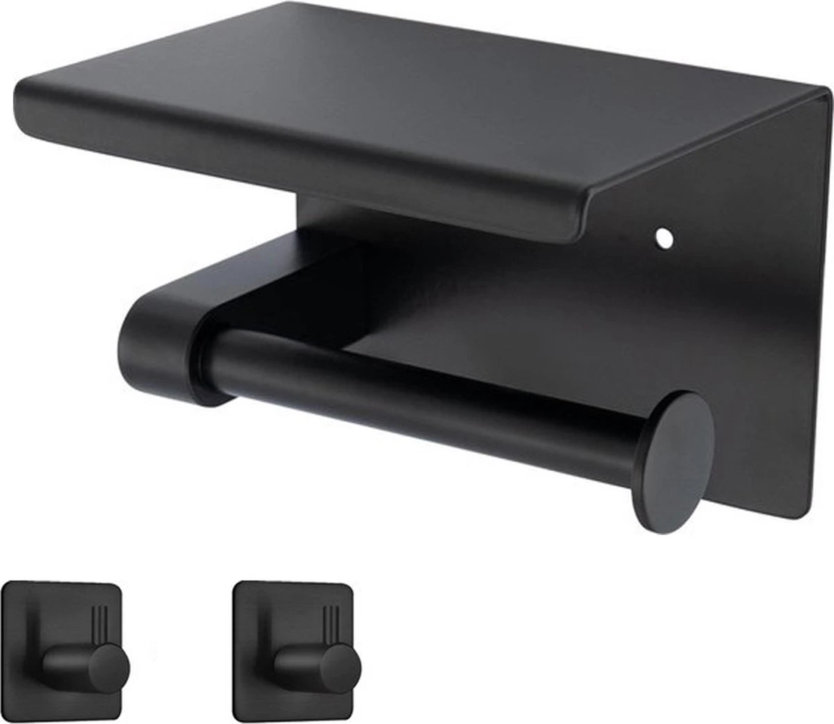 Toiletrolhouder Met Plankje - Zelfklevend Of Boren - WC Rolhouder - Incl. Handdoekhaakjes - Zwart 4 Toiletrolhouder Met Plankje - Zelfklevend Of Boren - WC Rolhouder - Incl. Handdoekhaakjes - Zwart - Afbeelding 4