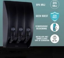 Aquathof, Zeepdispenser, Mat Zwart, 3 Kamer, 3 Reservoirs, 3x350ml, Hangend, Wandmontage -Badkamerproducten 1200x1089 5