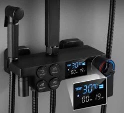 Merkloos Compleet Douchesysteem | ABS Doucheset | Mat Zwarte Hoofddouche En Handdouche | Vierkante Regendouche Voor Badkamer | Verstelbaar | Temperatuur Display | 360° Draaibaar -Badkamerproducten 1200x1092 5