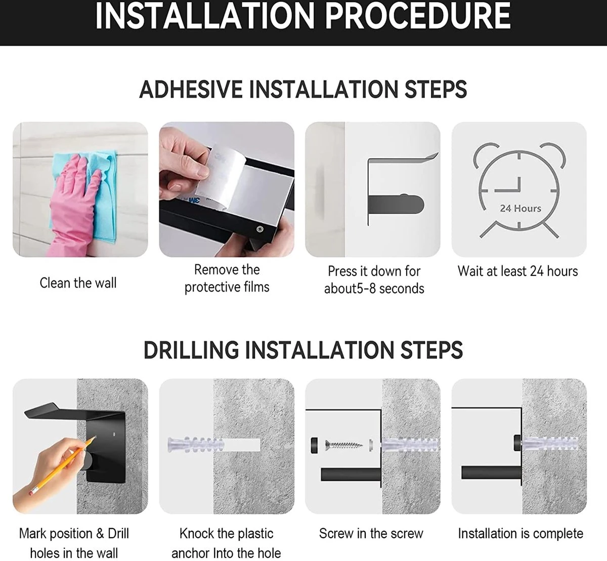 BOTC Toiletrolhouder Met Handdoekhaakjes - Toiletrolhouder - Toiletrolhouder - Zelfklevend / Boren / Zonder Boren - RVS - Zwart 5 BOTC Toiletrolhouder Met Handdoekhaakjes - Toiletrolhouder - Toiletrolhouder - Zelfklevend / Boren / Zonder Boren - RVS - Zwart - Afbeelding 5