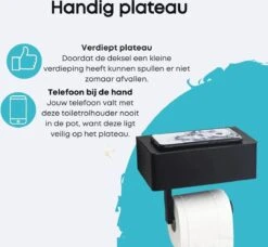 WC Rolhouder - Toiletrolhouder - Zwart - RVS - Zonder Boren - Met Plankje & Bakje - Inclusief Montagemateriaal - Toilet Accessoires - EJC Products -Badkamerproducten 1200x1108