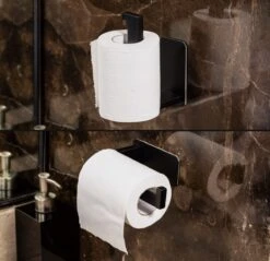 Merkloos Novalits - RVS Toiletrolhouder Zonder Boren - WC Rolhouder Zelfklevend - Inclusief RVS Handdoekhaakje - Zwart -Badkamerproducten 1200x1163