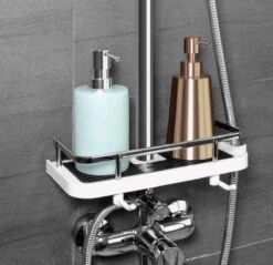 Merkloos Doucherek Zonder Boren –Douchemand- Badkamerrek-Doucheplank- Badkamer Organiser- Doucherek Hangend-Doucherek Zwart – Doucherek Hangend – Badkamer Organizer – Douche Organizer - Doucherekje - Doucherekje Zonder Boren-Zilver-Zwart-Wit -Badkamerproducten 1200x1163 5