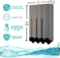 Aquathof, Zeepdispenser, RVS Kleur, 4 Kamer, 4 Reservoirs, 4x500ml, Hangend - Wandmontage -Badkamerproducten 1200x1163 6