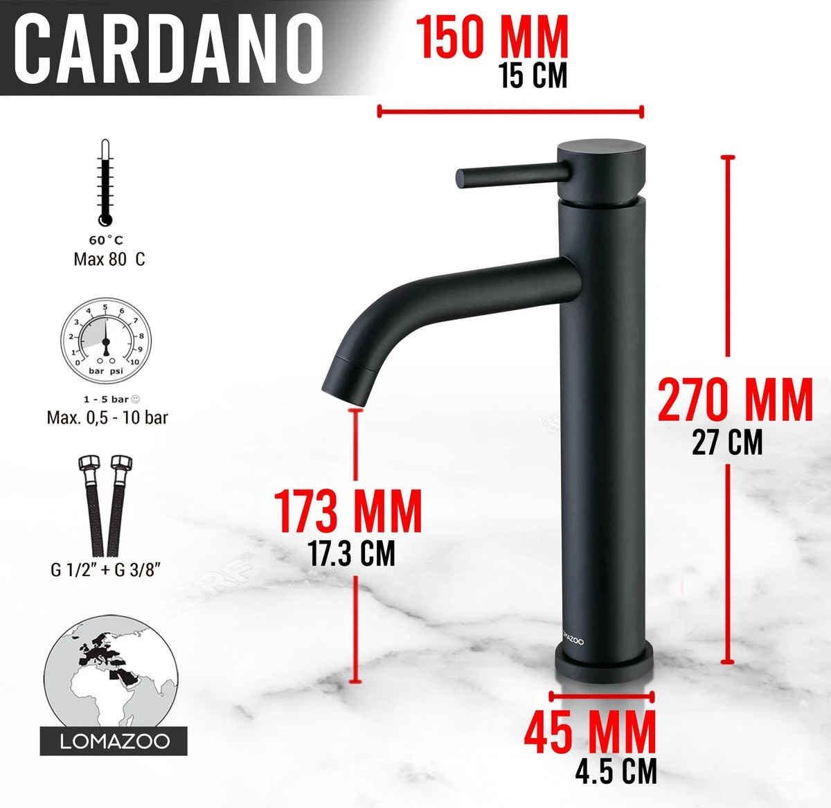 LOMAZOO Wastafelkraan Zwart Cardano - Zwarte Kraan - Badkamerkraan - Wastafel Mengkraan - Hoog 8 LOMAZOO Wastafelkraan Zwart Cardano - Zwarte Kraan - Badkamerkraan - Wastafel Mengkraan - Hoog - Afbeelding 8