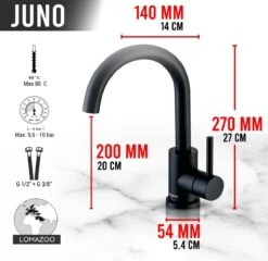 LOMAZOO Wastafelkraan Zwart Hoog Juno - Zwarte Wastafelkraan - Badkamerkraan Zwart - Zwarte Badkamerkraan -Badkamerproducten 1200x1167 9