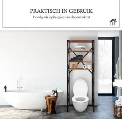 Homestic© - Ruimtebesparende Toiletmeubel - WC Plank, Badkamerplank Met 4 Open Vakken - Industrieel RVS Badkamermeubel - Zwart Staal / Hout - 170x54x24 CM -Badkamerproducten 1200x1172 7