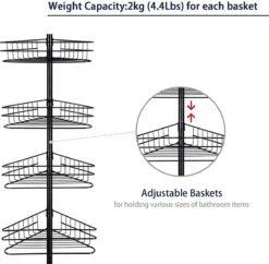 SensaHome Telescopisch Douche Rek Met 4 Lagen - Verstelbaar Bad / Douche Hoekrek Opbergrek - Uitschuifbaar Van 145-250 Cm - Zwart -Badkamerproducten 1200x1174