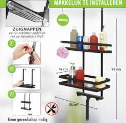 Doucherek Zonder Boren Inclusief Douchewisser - Aan Douchewand - Zwart - Ophangbaar - Zuignap - 2 Laags - Wiper - Shower Rack - Valentijnsdag Cadeau -Badkamerproducten 1200x1175 2