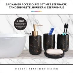 Badkamer Accessoires Set – Tandenborstelhouder –Zeeppompje Zeepbakje – Keramiek Met Marmer Design – Zwart -Badkamerproducten 1200x1200 1083