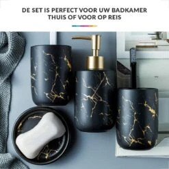 Badkamer Accessoires Set – Tandenborstelhouder –Zeeppompje Zeepbakje – Keramiek Met Marmer Design – Zwart -Badkamerproducten 1200x1200 1086