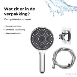 Belliese Doucheset Wellness- Douchekop - Doucheslang - Douchekophouder - Douchekop Met Slang - Waterbesparende Douchekop - Badkamer Accessoires - Montage Zonder Boren - 3 Standen - Zilver -Badkamerproducten 1200x1200 1170