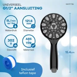 WITTS Douchekop - Waterbesparend - Hoge Kwaliteit - Handdouche ø 12cm - 6 Standen - Zwart -Badkamerproducten 1200x1200 1179