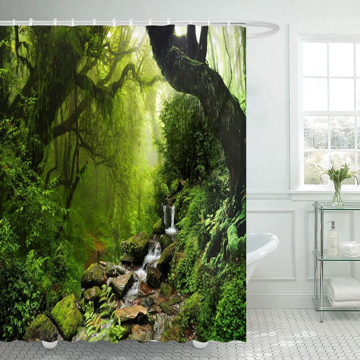 Ulticool Douchegordijn - Regenwoud Natuur Eco Planten Waterval - 180 X 200 Cm - Semi Transparant - Met 12 Ringen Wit - Anti Schimmel - Groen 1 Ulticool Douchegordijn - Regenwoud Natuur Eco Planten Waterval - 180 X 200 Cm - Semi Transparant - Met 12 Ringen Wit - Anti Schimmel - Groen