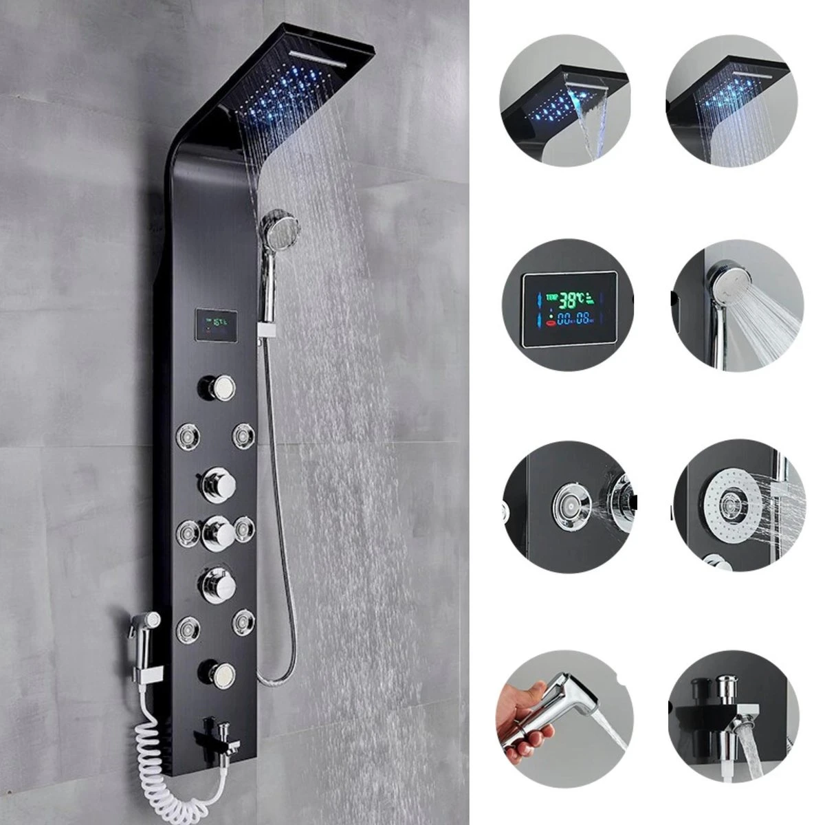 Douchepaneel Met Massage - Regendouche - Massage Jets - Waterval Douche - Met Thermostaatkraan En Handdouche - Zwart - Opbouw - Douchekop - Flanner® 1 Douchepaneel Met Massage - Regendouche - Massage Jets - Waterval Douche - Met Thermostaatkraan En Handdouche - Zwart - Opbouw - Douchekop - Flanner®