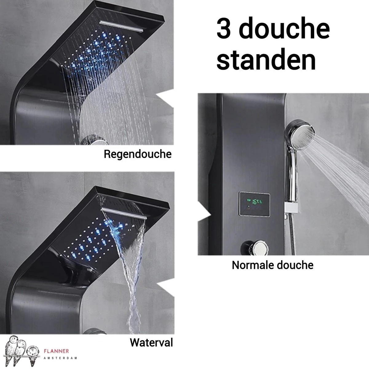 Douchepaneel Met Massage - Regendouche - Massage Jets - Waterval Douche - Met Thermostaatkraan En Handdouche - Zwart - Opbouw - Douchekop - Flanner® 4 Douchepaneel Met Massage - Regendouche - Massage Jets - Waterval Douche - Met Thermostaatkraan En Handdouche - Zwart - Opbouw - Douchekop - Flanner® - Afbeelding 4
