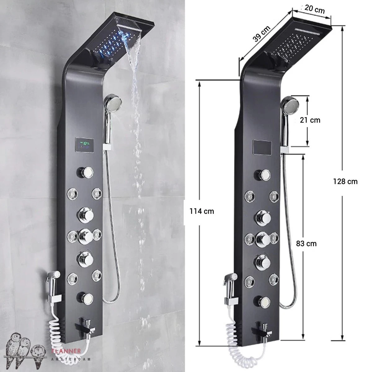 Douchepaneel Met Massage - Regendouche - Massage Jets - Waterval Douche - Met Thermostaatkraan En Handdouche - Zwart - Opbouw - Douchekop - Flanner® 5 Douchepaneel Met Massage - Regendouche - Massage Jets - Waterval Douche - Met Thermostaatkraan En Handdouche - Zwart - Opbouw - Douchekop - Flanner® - Afbeelding 5