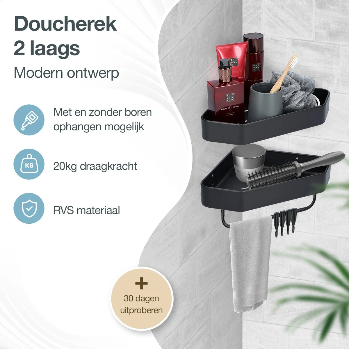 ACE Goods® Doucherek Zwart Hangend – Badkamerrek – Doucherek 2 Laags – Badkamerrekje Hoekrek Douche – Inclusief Haakjes 2 ACE Goods® Doucherek Zwart Hangend – Badkamerrek – Doucherek 2 Laags – Badkamerrekje Hoekrek Douche – Inclusief Haakjes - Afbeelding 2