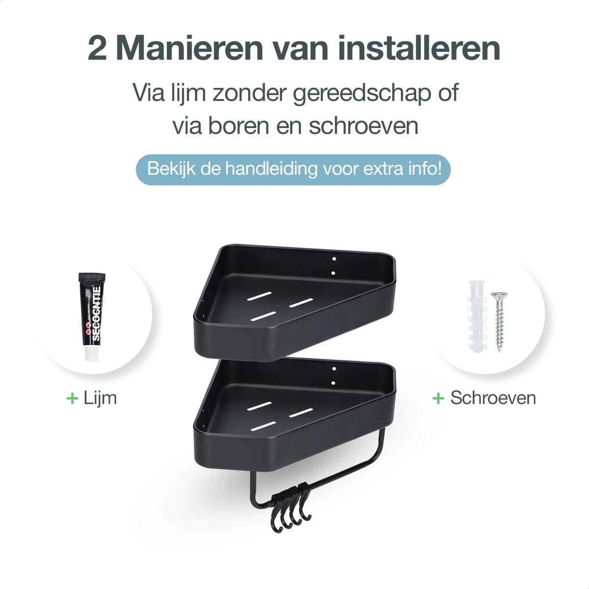 ACE Goods® Doucherek Zwart Hangend – Badkamerrek – Doucherek 2 Laags – Badkamerrekje Hoekrek Douche – Inclusief Haakjes 5 ACE Goods® Doucherek Zwart Hangend – Badkamerrek – Doucherek 2 Laags – Badkamerrekje Hoekrek Douche – Inclusief Haakjes - Afbeelding 5