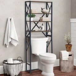 Homestic© - Ruimtebesparende Toiletmeubel - WC Plank, Badkamerplank Met 4 Open Vakken - Industrieel RVS Badkamermeubel - Zwart Staal / Hout - 170x54x24 CM -Badkamerproducten 1200x1200 2302