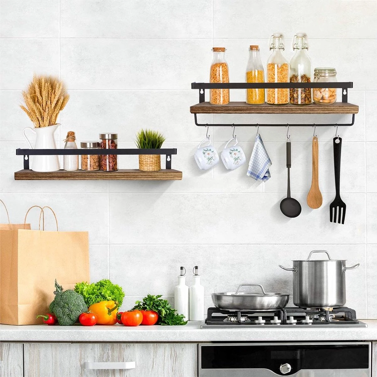 Zwevende Wandplank - 2 Stuks - 40cm - Handdoekhouder En 8 Haakjes - Badkamerplank Decoratieve Muur Opbergplanken Voor Badkamer Slaapkamer, Woonkamer, Keuken Plank 6 Zwevende Wandplank - 2 Stuks - 40cm - Handdoekhouder En 8 Haakjes - Badkamerplank Decoratieve Muur Opbergplanken Voor Badkamer Slaapkamer, Woonkamer, Keuken Plank - Afbeelding 6