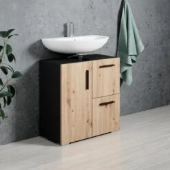 Badplaats Wastafel Onderkast Mars 60 Cm X 30 Cm X 60 Cm - Zwart Met Eiken - Badkamerkast – Staand Wastafelmeubel -Badkamerproducten 1200x1200 2434