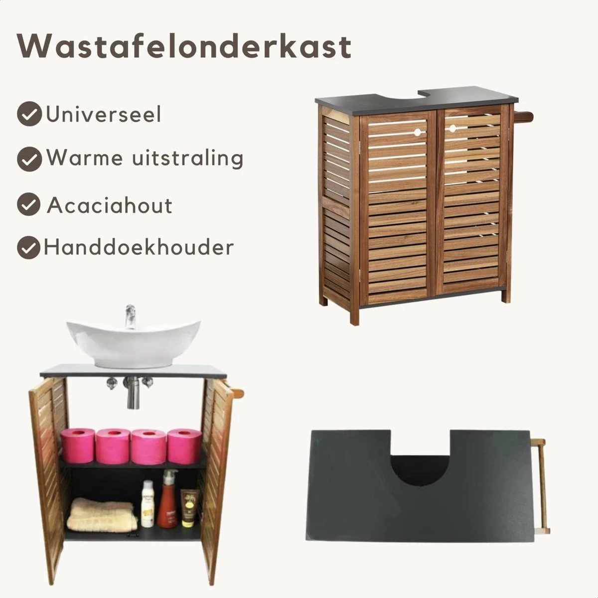 Merkloos Halmstad - Wastafel Onderkast - Wastafelmeubel - Badkamerkast - Met Handoekhouder - Acacia - H70 X B66 X D30 2 Merkloos Halmstad - Wastafel Onderkast - Wastafelmeubel - Badkamerkast - Met Handoekhouder - Acacia - H70 X B66 X D30 - Afbeelding 2