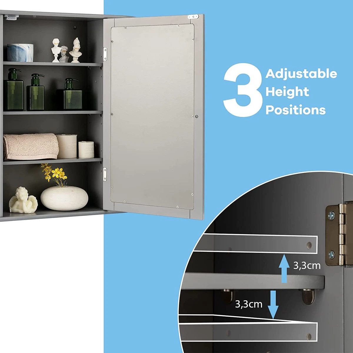 LUXGOODS Spiegelkast, Badkamerkast Met Spiegel, Aan De Muur Bevestigd Opbergkast, Houten Hangend Kast Met Verstelbare Planken & Open Compartimenten, Multifunctioneel Medicijnkastje Voor Badkamer, Woonkamer, Keuken, 66 X 63 X 16,5 Cm (Grijs) 2 LUXGOODS Spiegelkast, Badkamerkast Met Spiegel, Aan De Muur Bevestigd Opbergkast, Houten Hangend Kast Met Verstelbare Planken & Open Compartimenten, Multifunctioneel Medicijnkastje Voor Badkamer, Woonkamer, Keuken, 66 X 63 X 16,5 Cm (Grijs) - Afbeelding 2