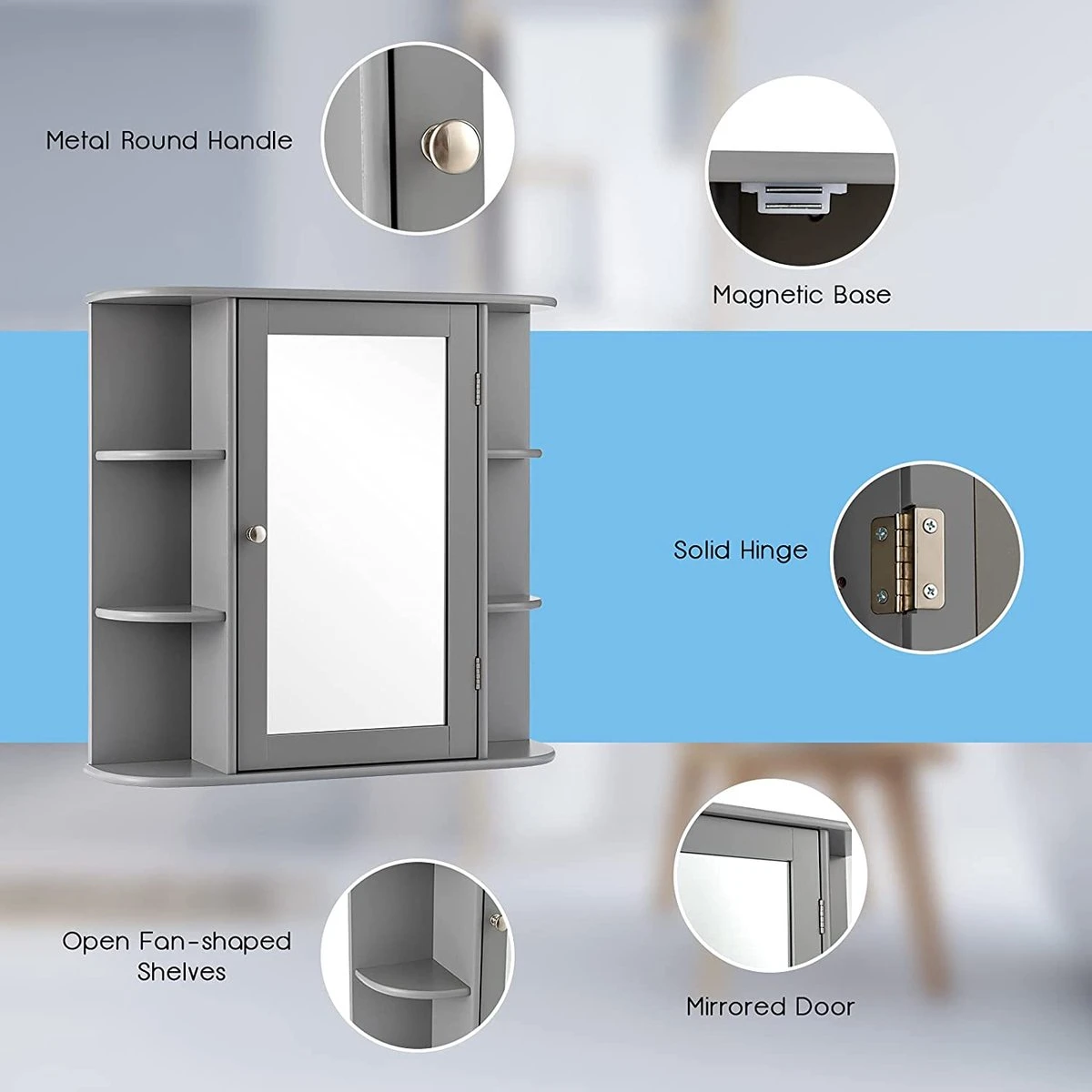 LUXGOODS Spiegelkast, Badkamerkast Met Spiegel, Aan De Muur Bevestigd Opbergkast, Houten Hangend Kast Met Verstelbare Planken & Open Compartimenten, Multifunctioneel Medicijnkastje Voor Badkamer, Woonkamer, Keuken, 66 X 63 X 16,5 Cm (Grijs) 3 LUXGOODS Spiegelkast, Badkamerkast Met Spiegel, Aan De Muur Bevestigd Opbergkast, Houten Hangend Kast Met Verstelbare Planken & Open Compartimenten, Multifunctioneel Medicijnkastje Voor Badkamer, Woonkamer, Keuken, 66 X 63 X 16,5 Cm (Grijs) - Afbeelding 3