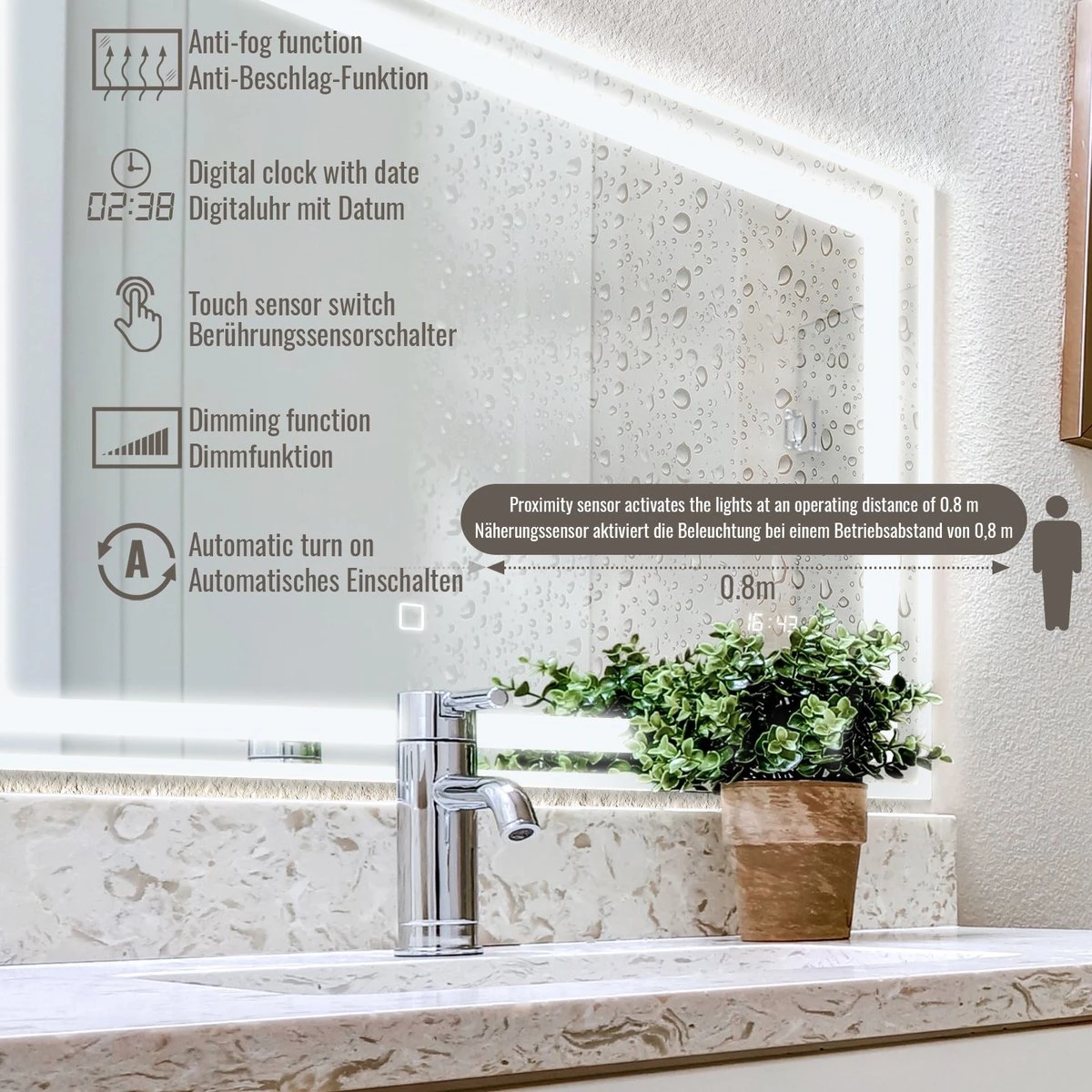 LED Badkamer Spiegel 120x 60 Cm, Digitale Klok, Dimbaar, Anticondensfunctie 10 LED Badkamer Spiegel 120x 60 Cm, Digitale Klok, Dimbaar, Anticondensfunctie - Afbeelding 10