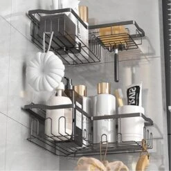 STRICX Doucherekhoek 2 Laags Zwart - Zonder Boren - Zelfklevend Doucherek - Doucherek - Doucherek Voor Badkamer/ Keuken - Doucherek Met Plakstrip - Keukenrek Met Plakstrip - Badrek Douche – Doucherek Hoekvorm - Badkamerrek Douchemandje -Badkamerproducten 1200x1200 819