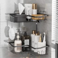 STRICX Doucherekhoek 2 Laags Zwart - Zonder Boren - Zelfklevend Doucherek - Doucherek - Doucherek Voor Badkamer/ Keuken - Doucherek Met Plakstrip - Keukenrek Met Plakstrip - Badrek Douche – Doucherek Hoekvorm - Badkamerrek Douchemandje -Badkamerproducten 1200x1200 820