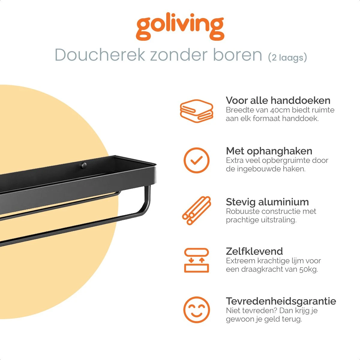 Goliving Doucherek Zonder Boren - Doucherekje- Badkamerrek 2 Laags - Hangend - Wandrek - RVS - Opbergrek - 40cm - Zwart 3 Goliving Doucherek Zonder Boren - Doucherekje- Badkamerrek 2 Laags - Hangend - Wandrek - RVS - Opbergrek - 40cm - Zwart - Afbeelding 3