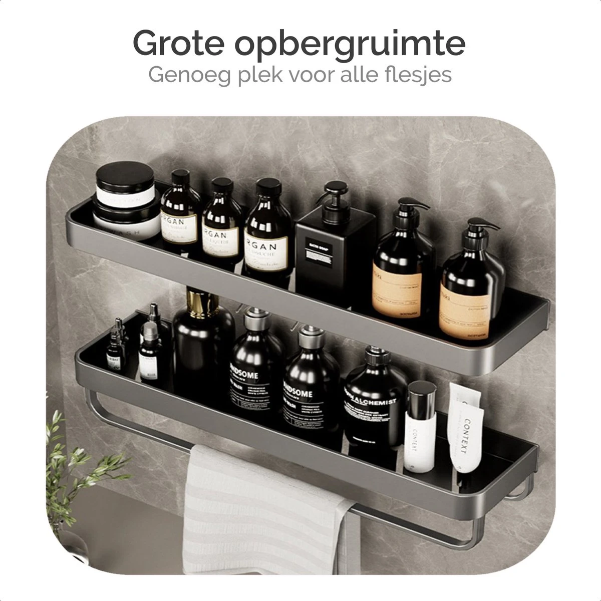 Goliving Doucherek Zonder Boren - Doucherekje- Badkamerrek 2 Laags - Hangend - Wandrek - RVS - Opbergrek - 40cm - Zwart 8 Goliving Doucherek Zonder Boren - Doucherekje- Badkamerrek 2 Laags - Hangend - Wandrek - RVS - Opbergrek - 40cm - Zwart - Afbeelding 8