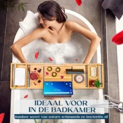 Ecowize Luxe Bamboe Badplank Voor In Bad Met Tablethouder - 100% Natuurlijk Bamboe Badrek Met Boekenhouder - Bad Plank Hout Met Nonslip Grips - Badrekje Voor Bad - Badplankje Uitschuifbaar (75cm Tot 110cm) Met Extra Zeepbakje En Body Brush -Badkamerproducten 1200x1200 942