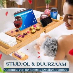 Ecowize Luxe Bamboe Badplank Voor In Bad Met Tablethouder - 100% Natuurlijk Bamboe Badrek Met Boekenhouder - Bad Plank Hout Met Nonslip Grips - Badrekje Voor Bad - Badplankje Uitschuifbaar (75cm Tot 110cm) Met Extra Zeepbakje En Body Brush -Badkamerproducten 1200x1200 943